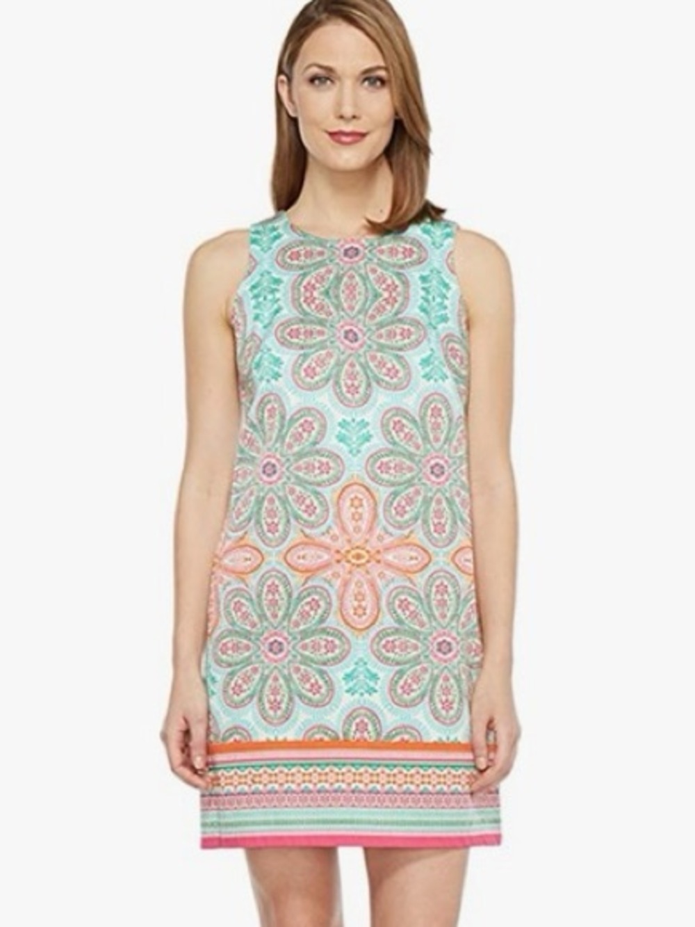 London Style Sleeveless Floral Medallion Shift Dress in Mint, Coral & Pink